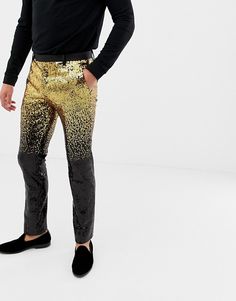 Black And Gold Outfit Men, Trousers Outfit Men, Black And Gold Outfit, Black Sequin Pants, Sequin Trousers, Glitter Pants, Festival Outfits Men, Gala Outfit, Gold Pants