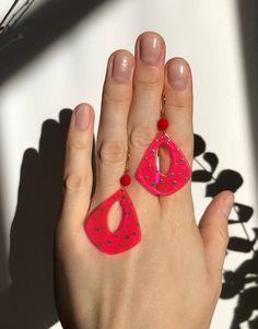 This item is unique, hand-painted by me with special jewelry water-resistant paints. I like retro style. The design of these earrings is inspired by the retro style of the 50s, 60s, and 70s when was so popular clothing and jewelry with dots. Having chosen these earrings, you will not find the same jewelry on anyone else. The other retro style earrings you can find in the section "Hand painted Earrings". MORE DETAILS * Materials used: hand-painted plastic details, Czech glass beads, stainless ste Retro Handmade Dangle Jewelry, Handmade Retro Dangle Jewelry, Fun Style Red Resin Earrings, Fun Red Resin Earrings, Red Handmade Drop Earrings, Bold Resin Jewelry For Gifts, Bold Resin Jewelry For Gift, Vintage Hand Painted Pink Jewelry, Vintage Resin Jewelry For Parties