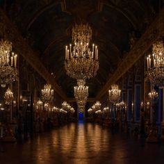 an ornate hall with chandeliers and lights