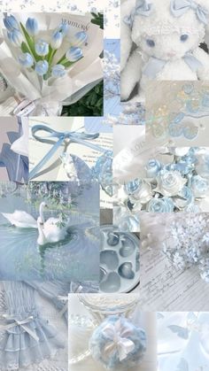 a collage of blue and white images with teddy bears, flowers, and other items