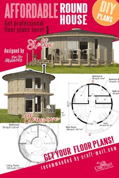 the floor plan for a round house is shown in red and white, with information about it