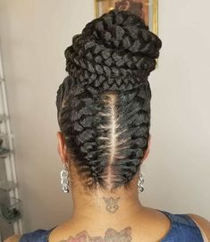 Corn Row Updo Hairstyles, 4 Goddess Braids, Goddess Braid Bun, Big Cornrows, Goddess Braids Updo, Grey Hairstyle, Box Braids Bun, Under Braids, Corn Row