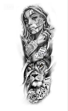 a black and white photo of a woman with tattoos on her arm, holding playing cards