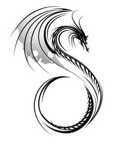 a black and white drawing of a dragon with its tail curled in the shape of a s