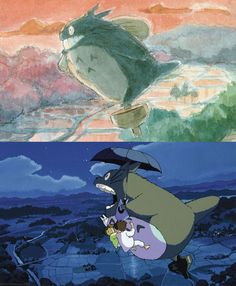 the same cartoon character is depicted in two different pictures, one with an umbrella and another with