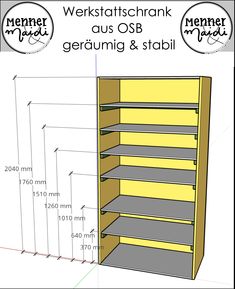 the measurements for shelves and shelvings in german with measurements to each shelf, including height