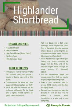 the recipe for highland shortbread is shown in green, white and grey colors with text