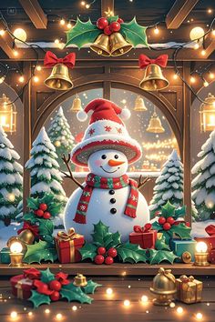 a christmas scene with a snowman and bells