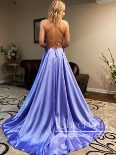 Spaghetti Strap Simple Prom Dresses with High Slit Lace Up Back V Neck Satin Prom Dress ARD2113-SheerGirl Simple Prom Dress Long, School Dance Dresses, Cheap Prom Dresses Long, Prom Dresses Simple, Prom 2020, Winter Formal Dresses, Simple Prom Dress, V Neck Prom Dresses, Floor Length Prom Dresses