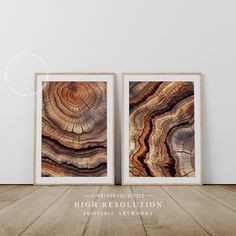 two framed wood art pieces sitting on top of a wooden floor