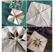 four pictures showing how to make an origami flower