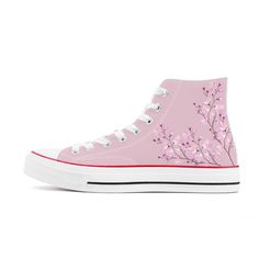 Sakura High Top Canvas Shoes The "Sakura" high top canvas shoes are a beautiful and stylish choice for anyone looking to add a touch of springtime and Japanese culture to their footwear. The shoes feature a cherry blossom design, which is inspired by the iconic springtime blooms that are so closely associated with Japan. The canvas material is adorned with a pattern of cherry blossom flowers or branches, creating a colorful and eye-catching look. The lace-up closure and padded ankle support make Origami Paper Pattern, Women High Top Sneakers, Cherry Blossom Design, Pink High Tops, Painted Sneakers, Japanese Origami, Kawaii Shoes, Pattern Shoes, Converse Style