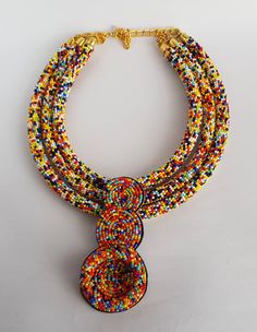 This necklace is 100% handcrafted using multi color beads. Perfect for African themed events. Measurements; 20 inches 18 inches(middle strand) 16 inches. 4 inch pendant. More neckleces here; https://www.etsy.com/shop/TribalTess?ref=seller-platform-mcnav&section_id=21306083 Back to my shop; https://www.etsy.com/shop/TribalTess?ref=seller-platform-mcnav Double Strand Polished Bead Necklaces, Double Strand Polished Beads Necklace, Multicolor Double Strand Beaded Necklace With Large Beads, Multicolor Double Strand Necklace With Large Beads, Multicolor Double Strand Beaded Necklaces, Multicolor Small Beads Multi-strand Jewelry, Multicolor Double Strand Jewelry With Tiny Beads, Multicolor Beaded Necklace With Pendant, Unique Multi-strand Colorful Beaded Necklaces