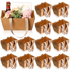 twelve brown paper gift boxes with handles for teddy bears and flowers in them, set of 12