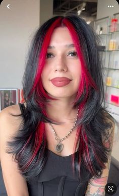 Black With Red Front Pieces Hair, Under Side Hair Dye, Black Hair With Red Pieces, Burgundy Split Dye, Dark Long Hair Color Ideas, Red Hair With Black Money Piece, Red Money Piece Hair Black Hair, Hair Pop Of Color, Dark Red Hair With Money Piece