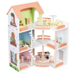 a doll house with furniture and accessories in the front, on a white background that appears to be cut out