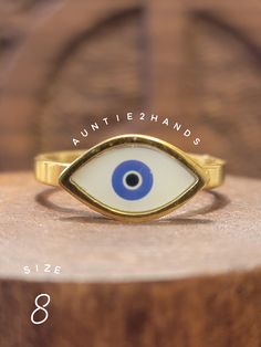 Evil Eye Ring size 8 When a person wears or carries an evil eye with them, it guards against misfortune happening in one's life. The evil eye brings good luck and protects you from any ill-will that could otherwise have a negative effect on your well-being or your life in general. Gold plated Spiritual Evil Eye Rings As Gift, Gold Evil Eye Rings As Gifts, Gold Evil Eye Ring As A Gift, Gold Evil Eye Ring Gift, Gold Rings With Evil Eye For Gift, Blue Evil Eye Ring, Evil Eye Rings, Eye Rings, Evil Eye Ring