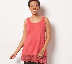 Can't you just see it? This tank with a tiered lace hem, sitting pretty under your choice cozy cardi -- yes, please! From LOGO on Lori Goldstein®. Casual Tops With Lace Trim For Loungewear, Casual Tops With Lace Trim For Layering, Casual Lace Trim Tops For Layering, Lori Goldstein, Sitting Pretty, Lace Hem, Yes Please, Lower Body, Scoop Neckline