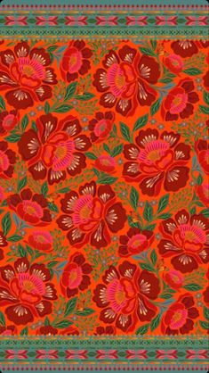 an orange and red floral design with green accents