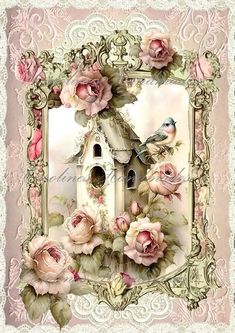 a birdhouse surrounded by pink roses on a white lace border with an ornate frame