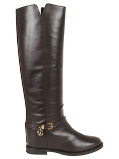 Knee-high boot in smooth leather, characterized by side V in gold-colored metal and suede details, Leather lining and inner sole Leather sole with non-slip rubber 5 cm internal wedge Made in Italy Prada Leather, Knee High Leather Boots, Sneaker Wedge, Stylish Shoes, Card Holder Leather, Luxury Shoes, Brown Boots, Boot Shoes Women, Shoe Brands