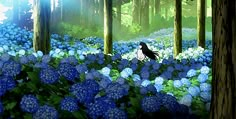 a painting of blue flowers and trees in the woods with a bird sitting on it's head