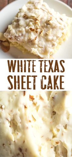 white texas sheet cake on a plate with the words, white texas sheet cake above it