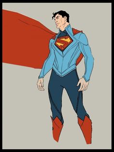 the man is dressed as superman in his blue suit and red cape, standing with his hands on his hips