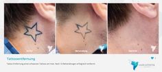 three different pictures of the same person's neck with tattoos on them and behind their ear