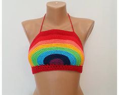 Crochet Music Festival Rainbow Halter Top by Vikni Made To | Etsy Crochet Music, Pool Shoot, Crochet Festival Top, Beach Crochet, Rainbow Top, Crochet Festival, Festival Crop Tops, Hippie Crochet, Crochet Rainbow