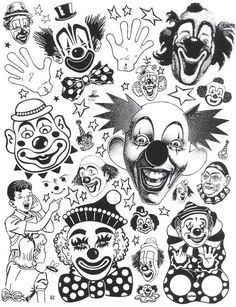 an image of clowns and their faces in black ink on white paper with stars