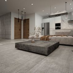 a modern living room with grey carpeting and white couches in the center area