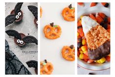 halloween treats and candies are arranged in three different pictures, including candy corn, pretzels, and bats