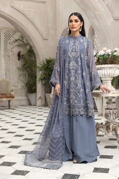 Blue Georgette Gown With Long Sleeves, Blue Floral Embroidery Dress For Wedding, Blue Floral Embroidery Wedding Dress, Eid Reception Dress With Chikankari Embroidery, Intricate Embroidery Dress For Eid Reception, Blue Embroidered Festive Dress For Reception, Blue Embroidered Dress For Festive Reception, Blue Floral Embroidered Semi-stitched Gown, Blue Embroidered Dress For Reception And Festive Occasions