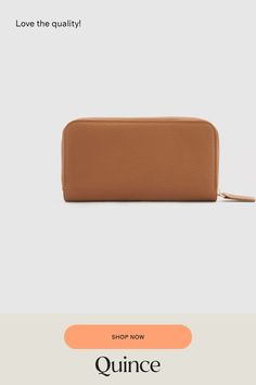 A minimal wallet made with a structured composition, the Zip Around Wallet is made in pebbled calf leather for a durable and chic finish. Inner pockets ensure your cards and small treasures are kept safe, everyday.  | Quince | Women's Italian Pebbled Leather Continental Wallet in Cognac, Italian Leather Classic Textured Leather Clutch For Daily Use, Cognac Wallets With Interior Card Slots, Leather Rectangular Wallet For Work, Brown Soft Leather Wallet For Everyday Use, Brown Textured Leather Wallet For Daily Use, Classic Everyday Clutch In Textured Leather, Rectangular Cognac Wallet, Everyday Rectangular Wallet With Smooth Grain, Everyday Textured Leather Wallets