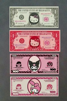 three different bills with hello kitty on them