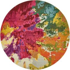 a round rug with multicolored paint splattered on it