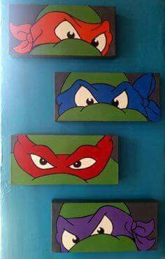 teenage mutant ninja turtles painted on canvases in different colors and sizes, hanging from the wall