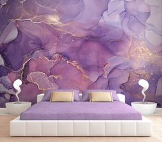 a purple and gold marble wallpaper in a bedroom with a bed, nightstands and lamps