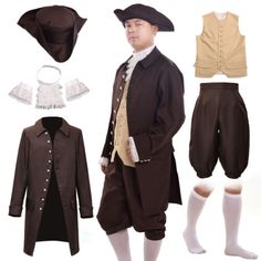 Colonial Mens Costume 18th Century Gentleman's Costume Men Frock Coat Halloween | eBay Colonial Outfit Men, Ben Franklin Costume, 1700s Outfits Men, Colonial Outfit, Lewis And Clark Costume, Founding Fathers Costume, Colonial Clothing, Brown Costume Outerwear With Buttons, Cotton Costume Outerwear For Fall