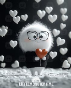 a small stuffed animal with glasses and a heart in his hand, surrounded by hearts