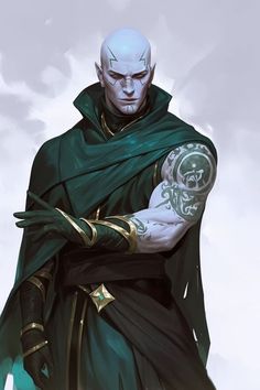 an image of a man with tattoos on his arm and arms wrapped in a green cloak