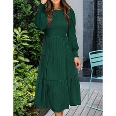 Dark Green Pleated Long Sleeve Swing Dress Long Sleeve Solid Color Midi Dress For Brunch, Solid Color Long Sleeve Maxi Dress For Day Out, Long Sleeve Solid Maxi Dress For Brunch, Solid Long Sleeve Maxi Dress For Brunch, Long Sleeve Solid Color Maxi Dress For Day Out, Casual Long Sleeve Pleated Maxi Dress, Long Sleeve Maxi Dress For Brunch, Pleated Long Sleeve Midi Dress For Day Out, Midi Dresses