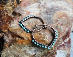 Petal Hoop Earrings, Oxidized Copper, Turquoise, Seed Bead Earrings,  One Inch Hoops, Wire Wrapped H Oxidized Copper, Copper Turquoise, Lightweight Earrings, One Inch, Seed Bead Earrings, Light Weight Earrings, Bead Earrings, Seed Bead, Wire Jewelry