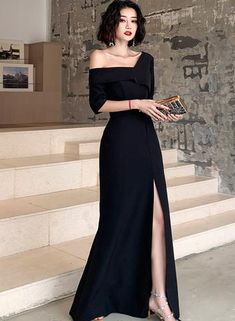 Black One Shoulder Slit Long Evening Dress, Black Formal Dress Prom Dr – Cutedressy Gaun Koktail, Evening Dress Black, Black Formal Dress, Fest Outfits, Video Tiktok, Long Evening Dress, Black Dress Formal, Black Formal, Photography Lifestyle