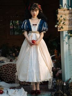 [$106.50]Snow White Empire Waist One Piece V-neck Back Beige and Dark Blue Snow White Dress Adult, Snow White Dress Women, Snow White Costume Pattern, Dresses Cosplay Puffy, White Dress Disney, The Secret Of Moonacre Dress, Anne With An E Dress, Disney Characters Dress Up, Snow White Characters