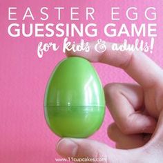 a hand holding an egg with the words easter egg guess game for kids and adults