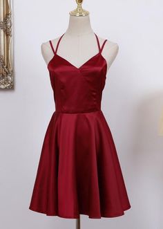 Lovely Straps Short Wine Red Homecoming Dress, #homecomingdress，#shortdress,#cutedress Red Mini Party Dress, Dark Red Short Dress, 47 Street, Prom Dress Pictures, Cute Formal Dresses, Homecoming Ideas, Mini Party Dress, Dress Display, Satin Homecoming Dress