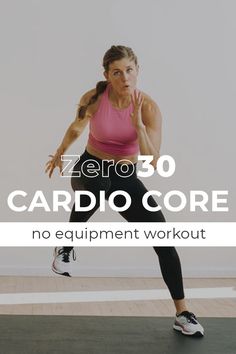 a woman in pink shirt and black leggings doing cardio core no equipment workout