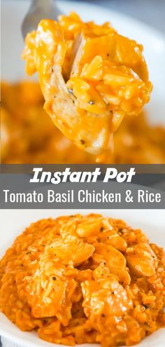 the instant pot tomato basil chicken and rice is ready to be eaten with it's spoon